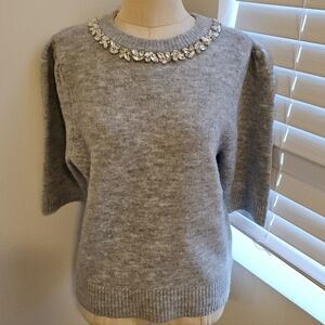 Marled Gray Sweater with Embellished Neckline
